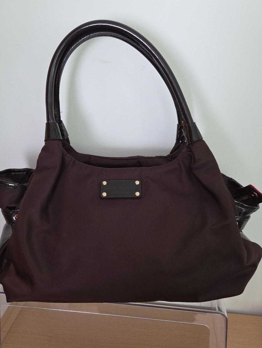 Kate Spade Vintage Stevie Dark Brown Tote Bag w/Patent Handles, Red Interior